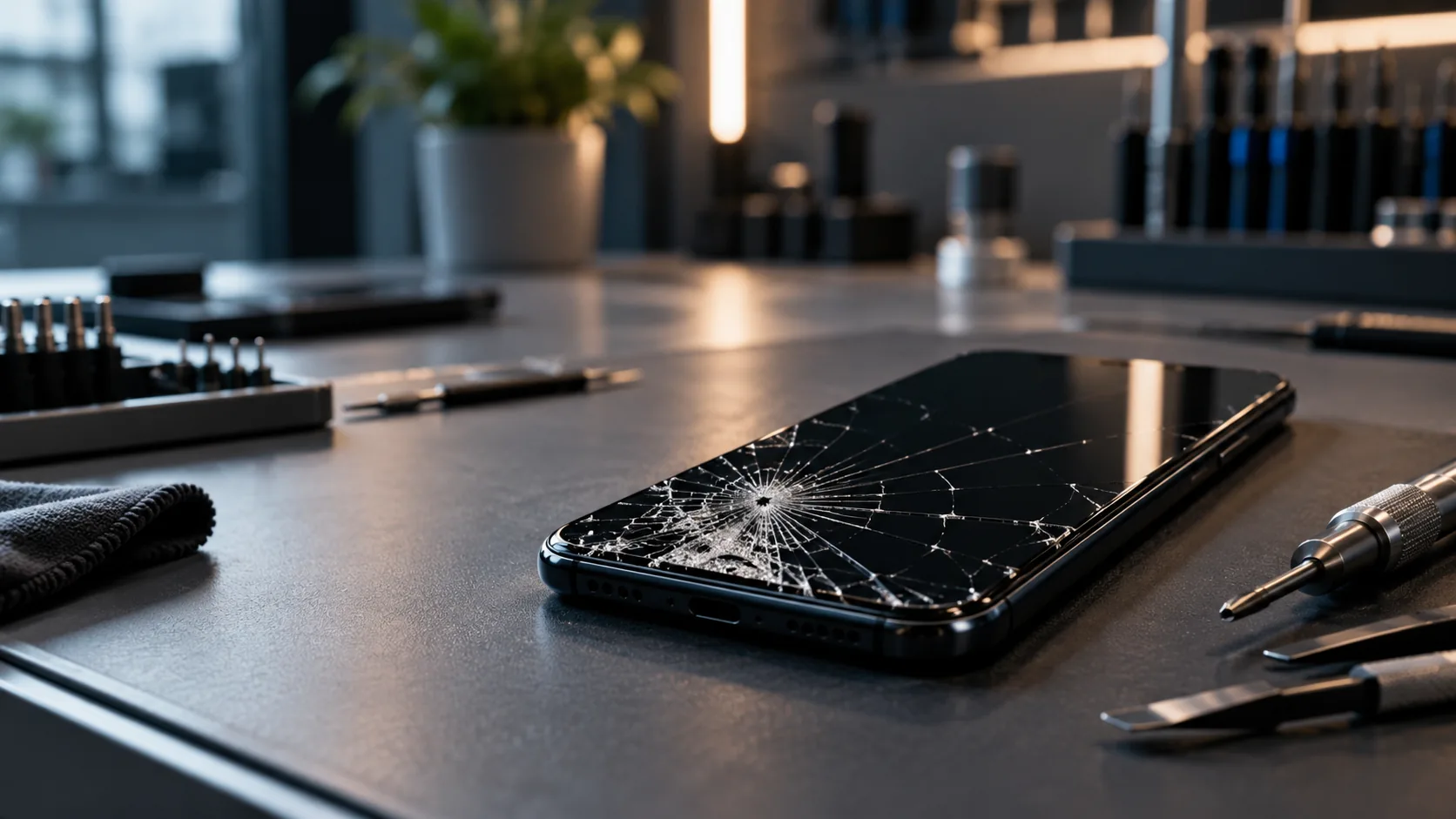 Smartphone à l'écran brisé sur l'établi