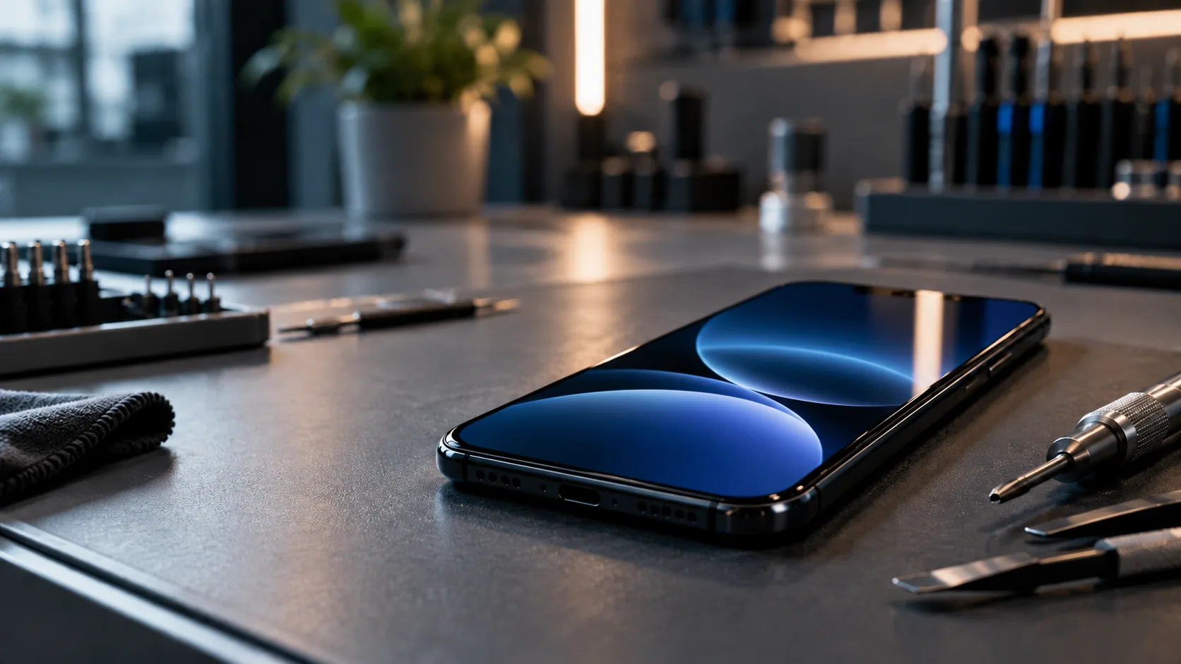 Smartphone réparé, écran neuf allumé